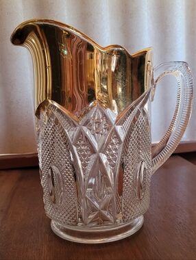 EAPG Cut Glass Pitcher with Gold-Plated Rim and Clear Body (114)